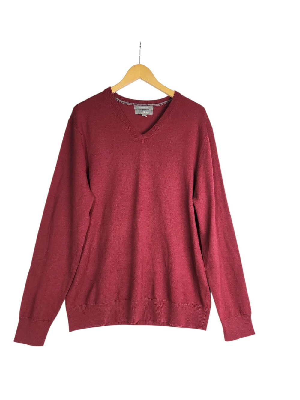 Merona Men’s XL Merino Wool Knit V-Neck Pullover Sweater Burgundy Solid Basic